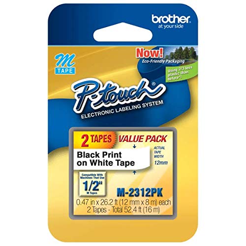 Brother M2312PK OEM .5" X 26.2' Non-Laminated Label Tape, 2PK, Black on White