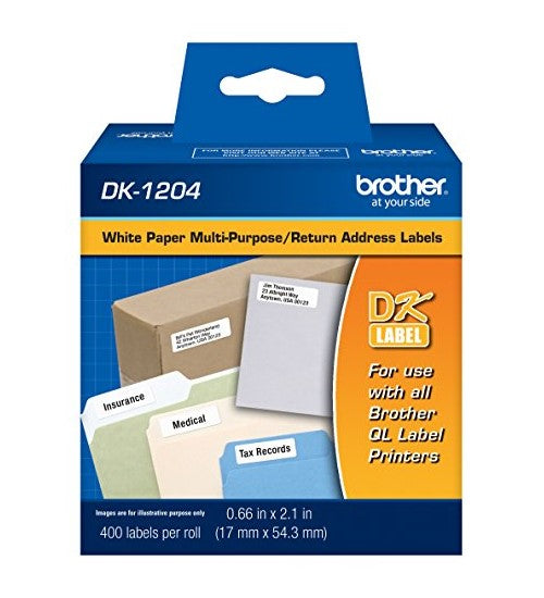 Brother DK1204OEM 0.66" x 2.1" 400 Count Die-Cut Multi-Purpose Adhesive Return Address Label Tape, Black on White
