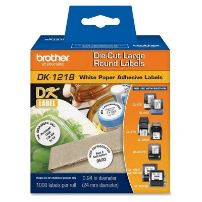 Brother DK1218 OEM 1" Diameter 1000 Count Die-Cut Round Adhesive Label Tape, Black on White