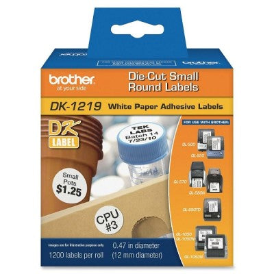 Brother DK1219 OEM .5" Diameter 1200 Count Die-Cut Round Adhesive Label Tape, Black on White