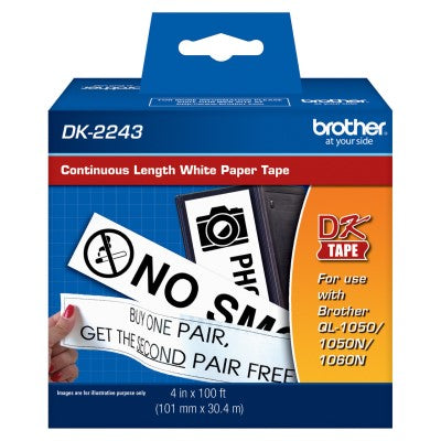 Brother DK2243 OEM 4" X 100' Continuous Length Film Adhesive Label Tape, Black on White