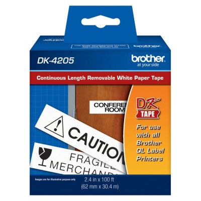 Brother DK4205 OEM 2.4" X 100' Continuous Length Film Removable Adhesive Label Tape, Black on White