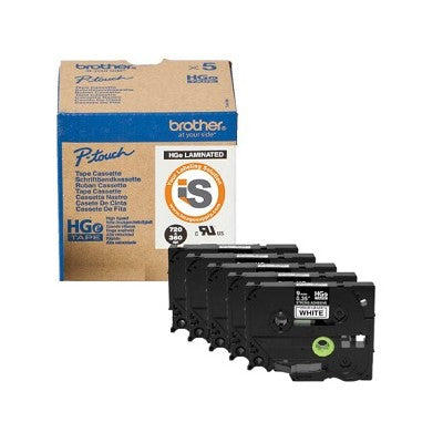 Brother HGES221 5PK OEM .35" X 26.2' Extra Strength Super Adhesive Industrial Label Tape, 5pk, Black on White