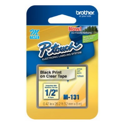 Brother M131 OEM .5" X 26.2' Non-Laminated Label Tape, Black on Clear