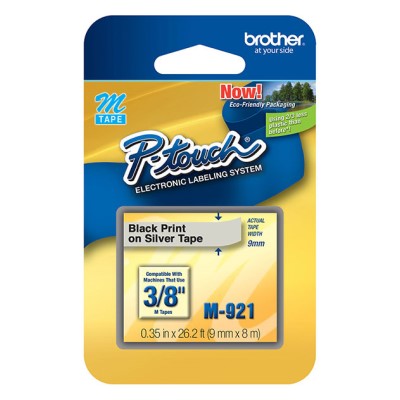 Brother M921 OEM .35" X 26.2' Non-Laminated Label Tape, Black on Silver
