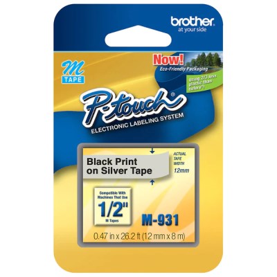 Brother M931 OEM .5" X 26.2' Non-Laminated Label Tape, Black on Silver