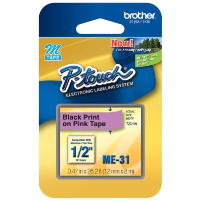 Brother ME31 OEM .5" X 26.2' Non-Laminated Label Tape, Black on Pink