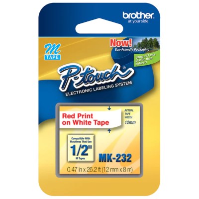 Brother MK232 OEM .5" X 26.2' Non-Laminated Label Tape, Red on White