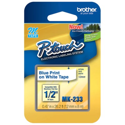 Brother MK233 OEM .5" X 26.2' Non-Laminated Label Tape, Blue on White