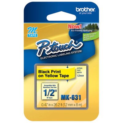 Brother MK631 OEM .5" X 26.2' Non-Laminated Label Tape, Black on Yellow