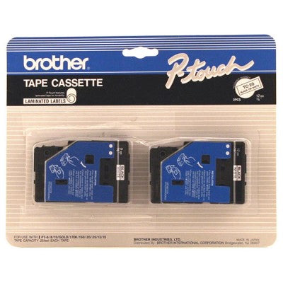 Brother TC20 2PK OEM .5" X 25' Laminated Label Tape, 2PK, Black on White