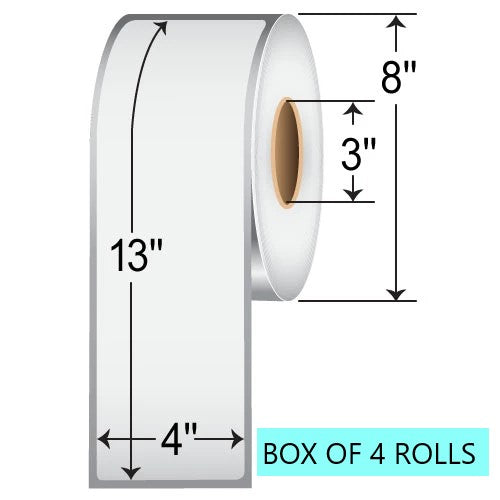 4" X 13" Thermal Transfer Labels W/O Perf, 475 Per Roll, 8" OD, 3" Core