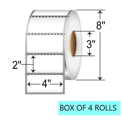 4" X 2" Thermal Transfer Labels W/ Perf, 3K Per Roll, 8" OD, 3" Core