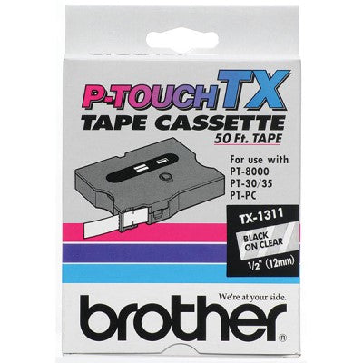 Brother TX1311 OEM .5" X 50' Laminated Label Tape, Black on Clear