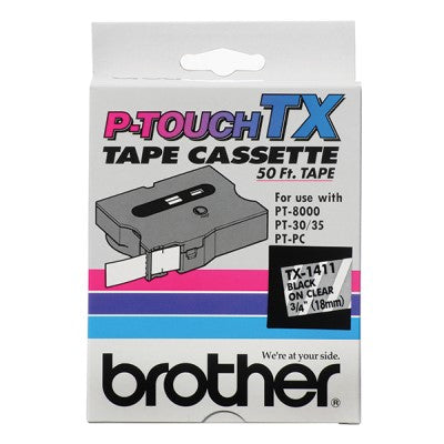 Brother TX1411 OEM .75" X 50' Laminated Label Tape, Black on Clear