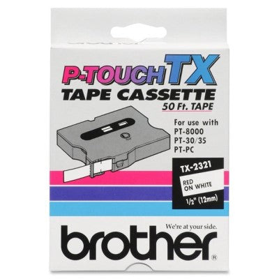 Brother TX2321 OEM .5" X 50' Laminated Label Tape, Red on White