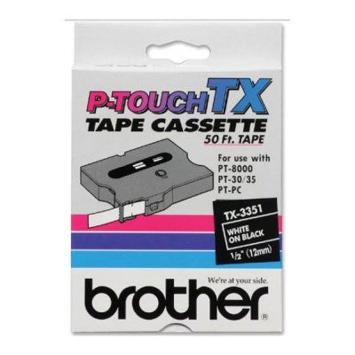 Brother TX3351 OEM .5" X 50' Laminated Label Tape, White on Black