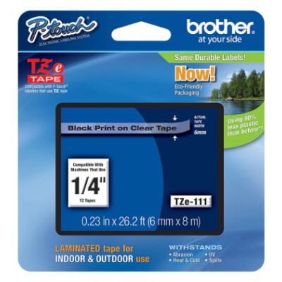 Brother TZE111 OEM .25" X 26.2' Laminated Label Tape, Black on Clear