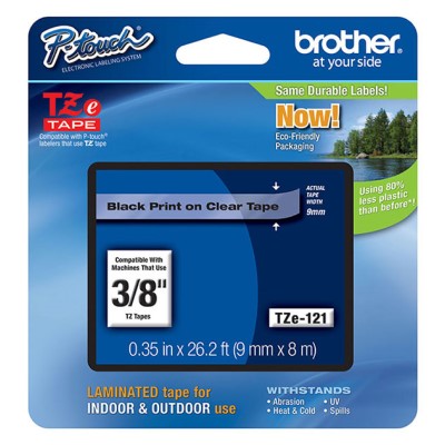 Brother TZE121 OEM .35" X 26.2' Laminated Label Tape, Black on Clear