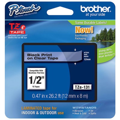 Brother TZE131 OEM .5" X 26.2' Laminated Label Tape, Black on Clear