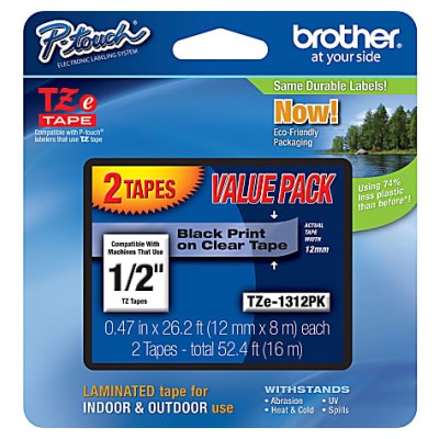 Brother TZE1312 2PK OEM .5" X 26.2' Laminated Label Tape, 2PK, Black on Clear
