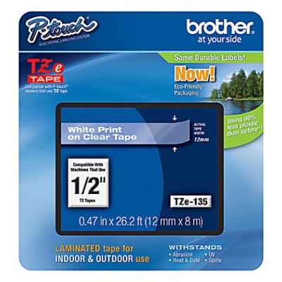 Brother TZE135 OEM .5" X 26.2' Laminated Label Tape, White on Clear