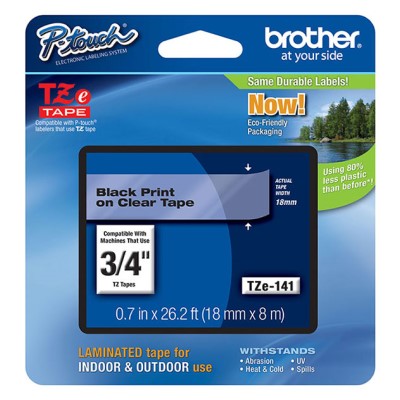 Brother TZE141 OEM .75" X 26.2' Laminated Label Tape, Black on Clear