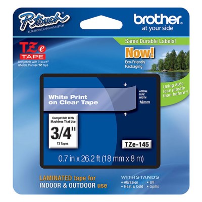 Brother TZE145 OEM .75" X 26.2' Laminated Label Tape, White on Clear