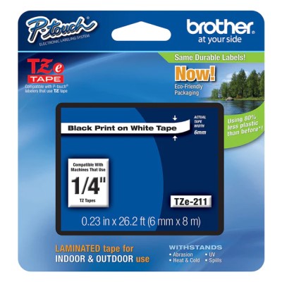 Brother TZE211 OEM .25" X 26.2' Laminated Label Tape, Black on White