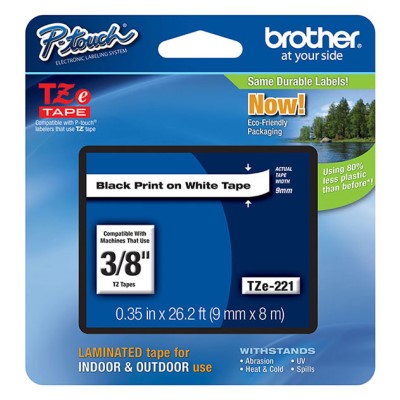 Brother TZE221 OEM .35" X 26.2' Laminated Label Tape, Black on White