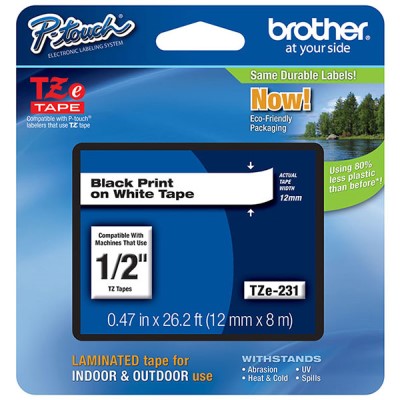 Brother TZE231 OEM .5" X 26.2' Laminated Label Tape, Black on White