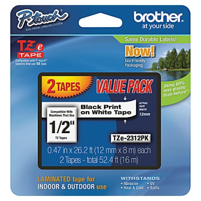 Brother TZE2312G 2PK OEM .5" X 26.2' Laminated Label Tape, 2PK, Black on White