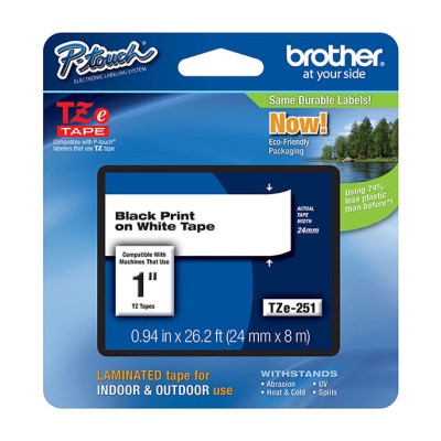 Brother TZE251 OEM 1" X 26.2' Laminated Label Tape, Black on White