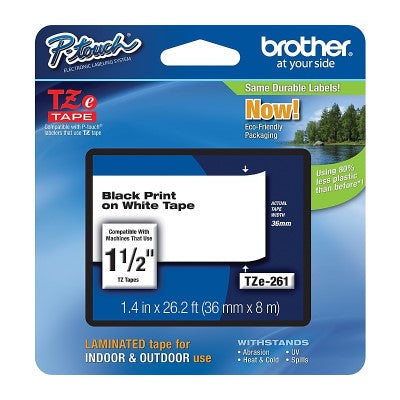 Brother TZE261 OEM 1.5" X 26.2' Laminated Label Tape, Black on White