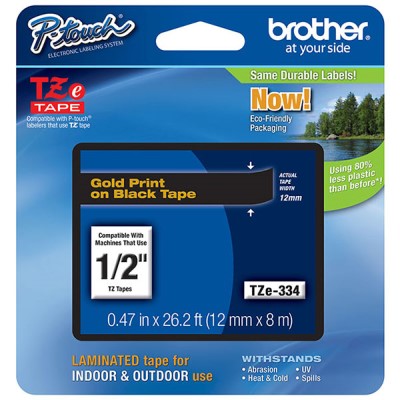 Brother TZE334 OEM .5" X 26.2' Laminated Label Tape, Gold on Black