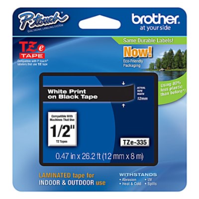 Brother TZE335 OEM .5" X 26.2' Laminated Label Tape, White on Black