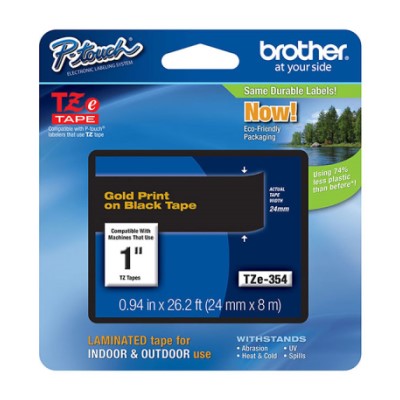 Brother TZE354 OEM 1" X 26.2' Laminated Label Tape, Gold on Black