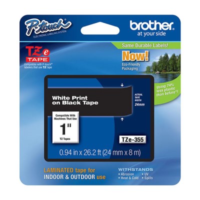 Brother TZE355 OEM 1" X 26.2' Laminated Label Tape, White on Black