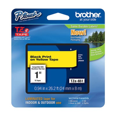 Brother TZE651 OEM 1" X 26.2' Laminated Label Tape, Black on Yellow