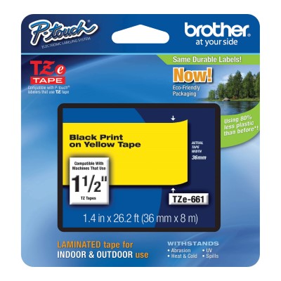 Brother TZE661 OEM 1.5" X 26.2' Laminated Label Tape, Black on Yellow