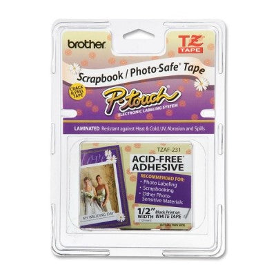 Brother TZEAF231 OEM .5" X 26.2' Acid Free Label Tape, Black on White