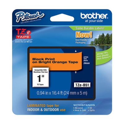 Brother TZEB51 OEM 1" X 16.4' Laminated Label Tape, Black on Fluorescent Orange