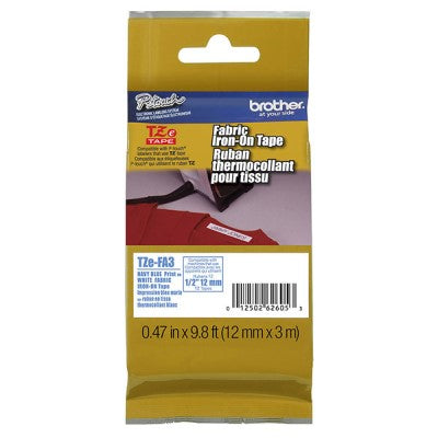 Brother TZEFA3 OEM .5" X 26.2' Non-Laminated Fabric Iron On Tape, Navy Blue on White