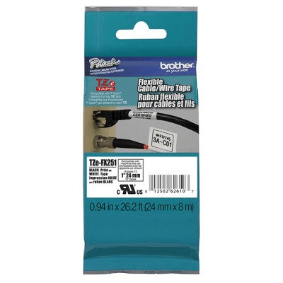 Brother TZEFX251 OEM 1" X 26.2' Flexible ID Super Adhesive Industrial Cable/Wire Label Tape, Black on White