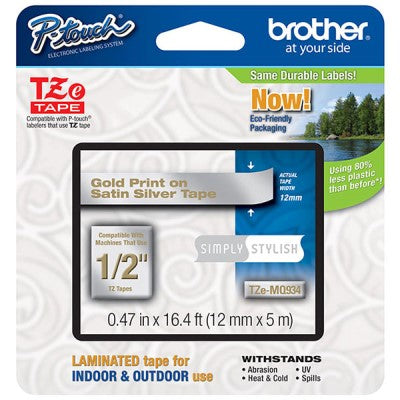 Brother TZEMQ934 OEM .5" X 16.4' Simply Stylish Laminated Label Tape, Gold on Satin Silver