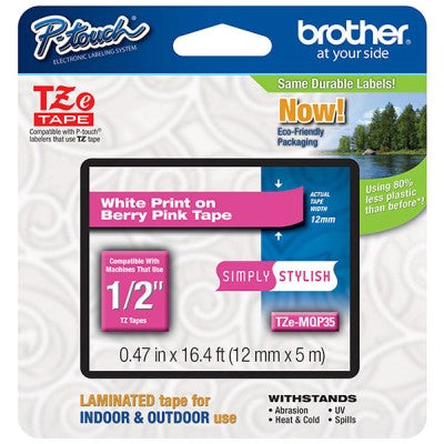 Brother TZEMQP35 OEM .5" X 16.4' Simply Stylish Laminated Label Tape, White on Berry Pink