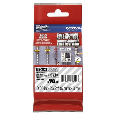 Brother TZES121 OEM .35" X 26.2' Extra Strength Super Adhesive Industrial Label Tape, Black on Clear