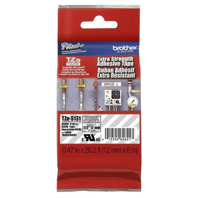 Brother TZES131 OEM 1.5" X 26.2' Extra Strength Super Adhesive Industrial Label Tape, Black on Clear