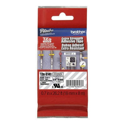 Brother TZES141 OEM .75" X 26.2' Extra Strength Super Adhesive Industrial Label Tape, Black on Clear