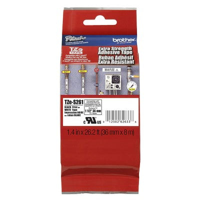 Brother TZES261 OEM 1.5" X 26.2' Extra Strength Super Adhesive Industrial Label Tape, Black on White